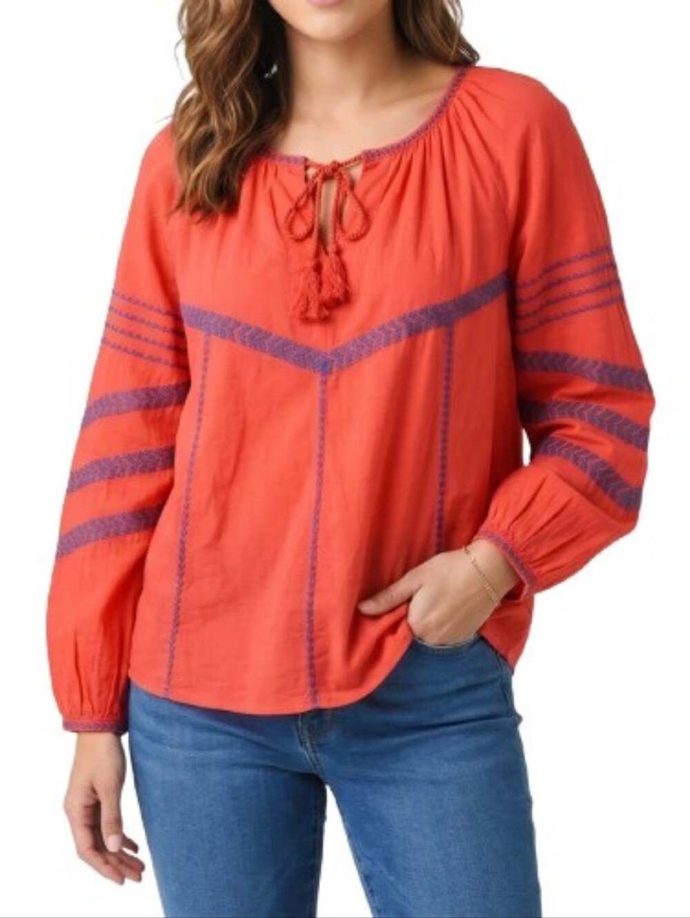Intropia Red Peasant Blouse Embroidered Print Lace-Up Neck Folk Traditional